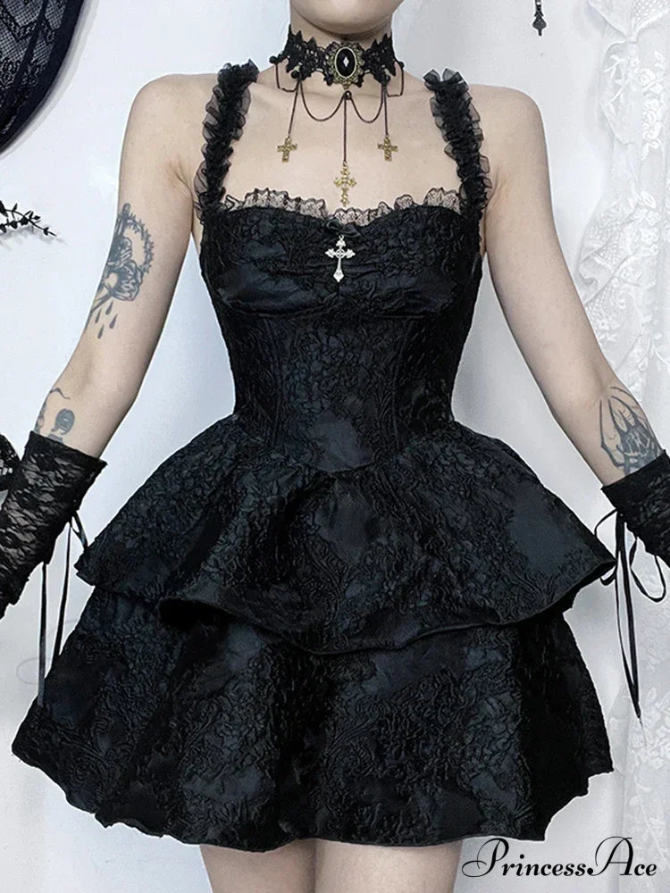 Gothic Jacquard Double Cake Suspender Vintage Lace Trim Backless A Line Mini Club Dress