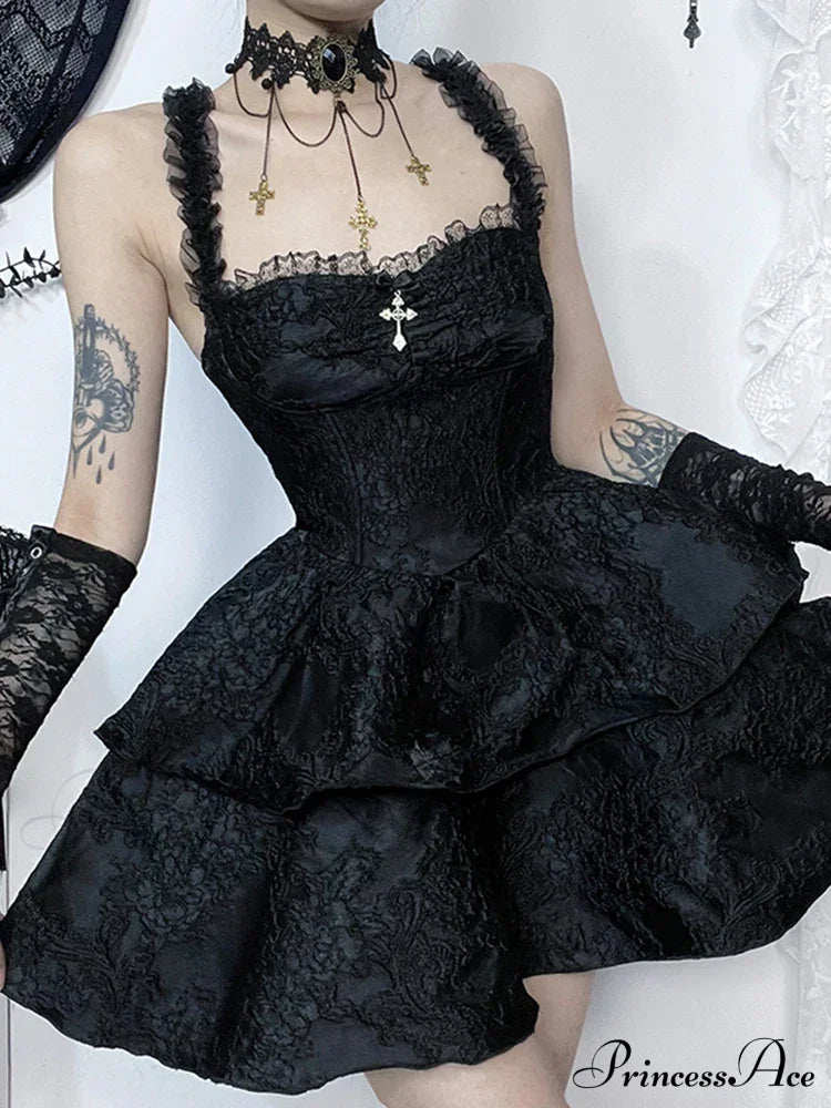 Gothic Jacquard Double Cake Suspender Vintage Lace Trim Backless A Line Mini Club Dress