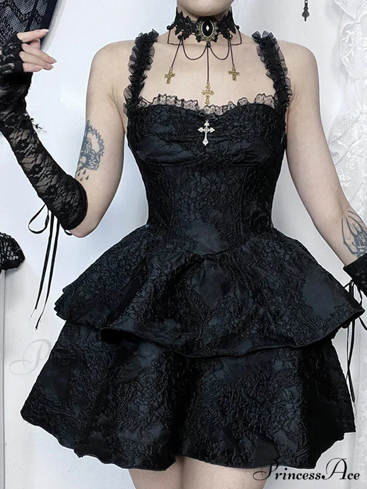 Gothic Jacquard Double Cake Suspender Vintage Lace Trim Backless A Line Mini Club Dress