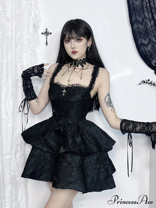 Gothic Jacquard Double Cake Suspender Vintage Lace Trim Backless A Line Mini Club Dress Black / M