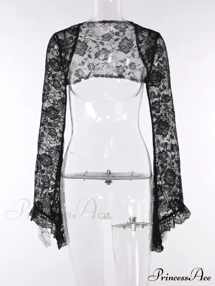 Gothic Lace Harajuku Y2K Spaghetti Strap Bodycon Flare Sleeve Backless E-Girls Dress Black / S