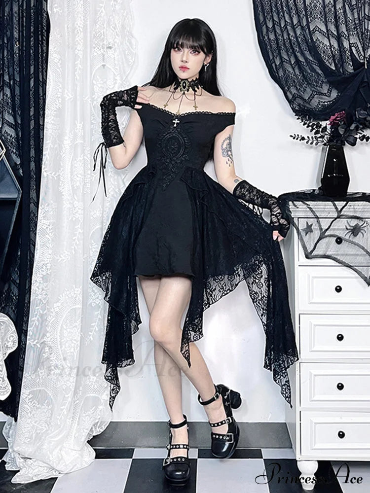 Gothic Lace Pleated Off Shoulder Fluffy Floral Patchwork Retro A Line Grunge Dress Halloween