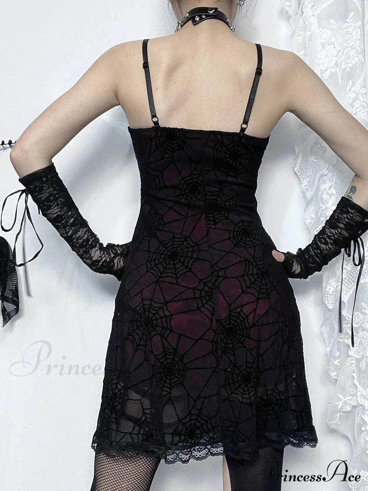 Gothic Lace Stretch Spaghetti Strap Spider Web Print Contrast Cami Grunge Dress Halloween