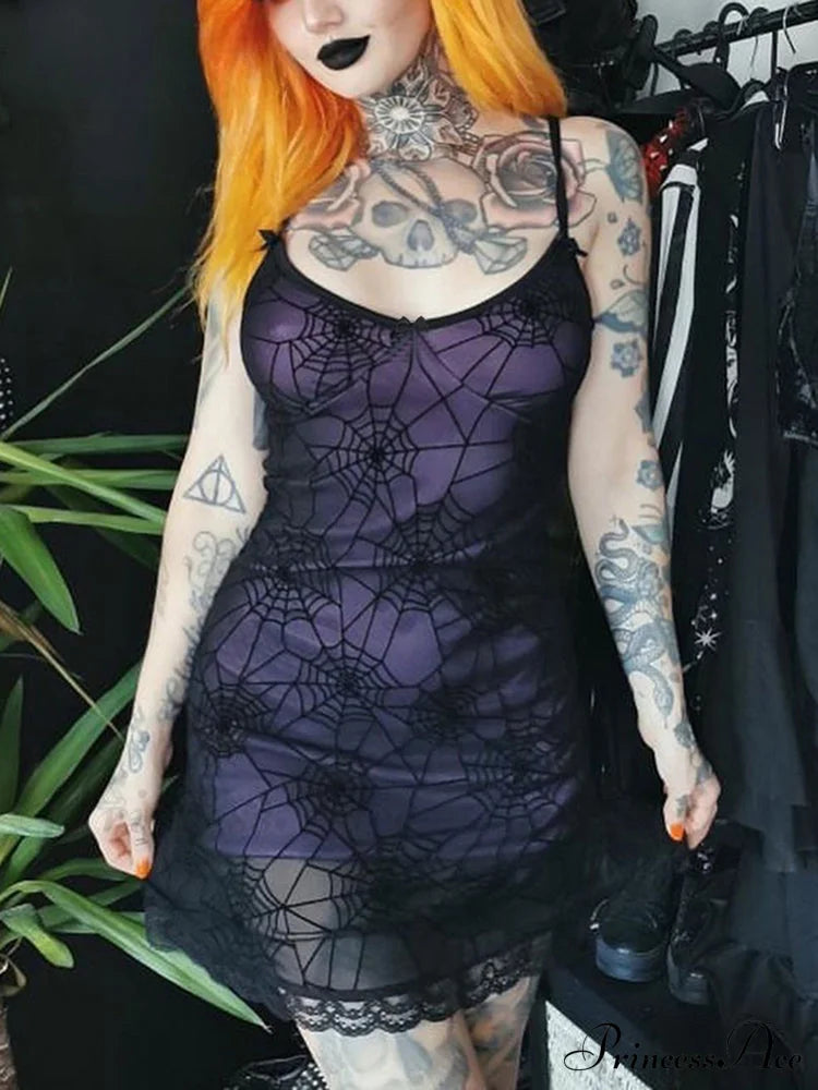 Gothic Lace Stretch Spaghetti Strap Spider Web Print Contrast Cami Grunge Dress Halloween