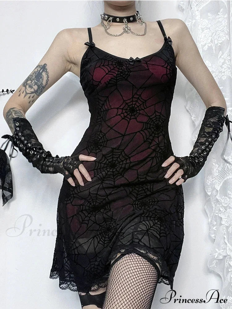 Gothic Lace Stretch Spaghetti Strap Spider Web Print Contrast Cami Grunge Dress Halloween