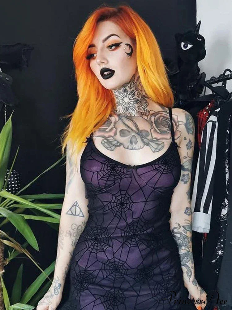 Gothic Lace Stretch Spaghetti Strap Spider Web Print Contrast Cami Grunge Dress Purple / S Halloween