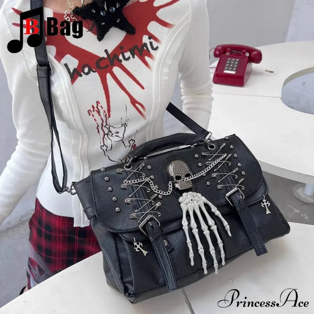 Gothic Lolita Harajuku Punk One Shoulder Y2K Rivet Chain Skull Bag Black Halloween