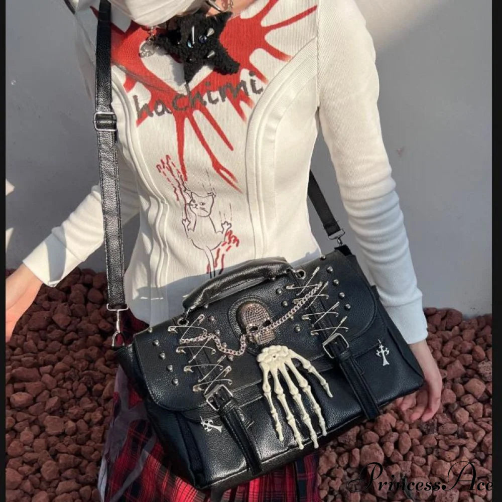 Gothic Lolita Harajuku Punk One Shoulder Y2K Rivet Chain Skull Bag Halloween