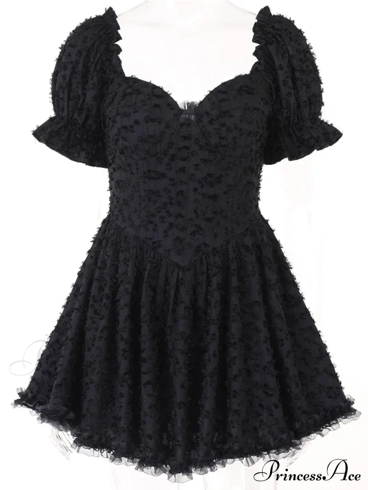 Gothic Lolita Women’s Vintage High Waist Black Ball Gown Goth Puff Sleeve V-Neck Dress