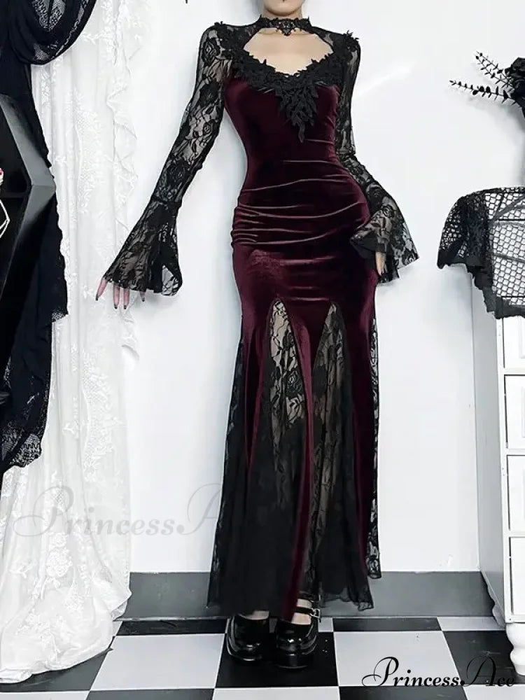 Gothic Long Sleeve Lace Ruched Fishtail Bodycon Mermaid Cocktail Maxi Dress Claret / S Halloween