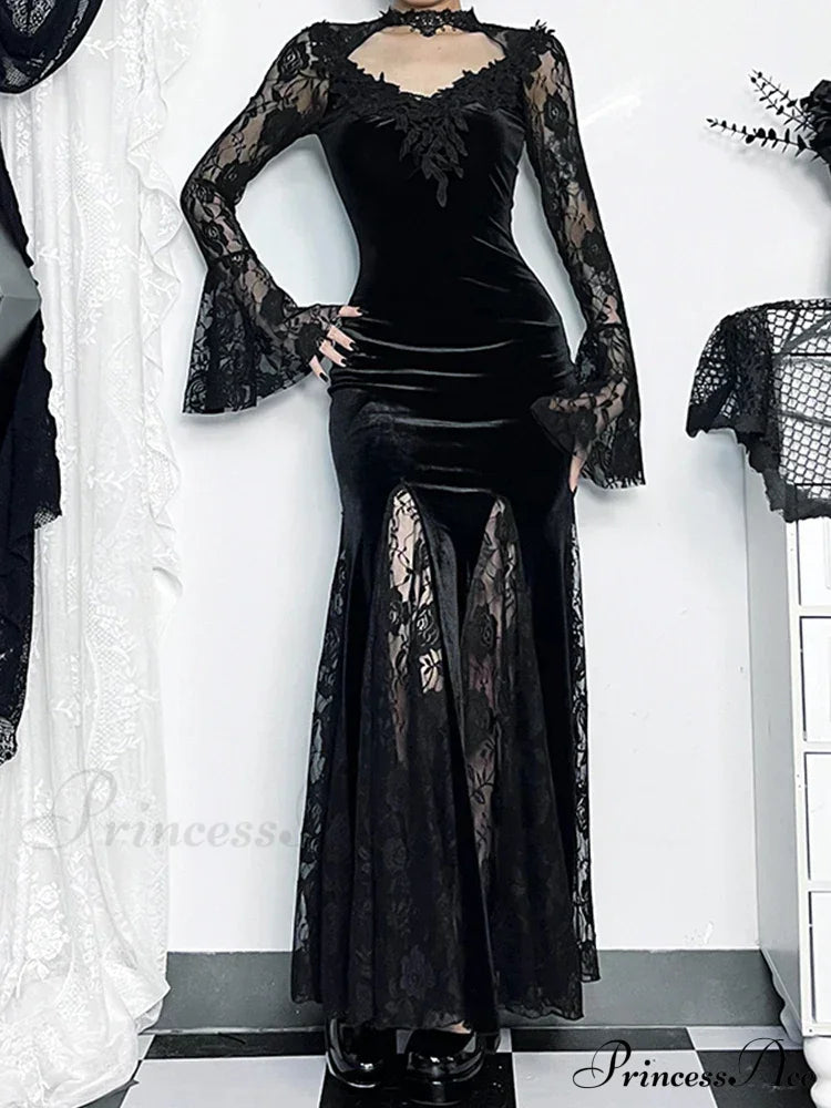 Gothic Long Sleeve Lace Ruched Fishtail Bodycon Mermaid Cocktail Maxi Dress Halloween