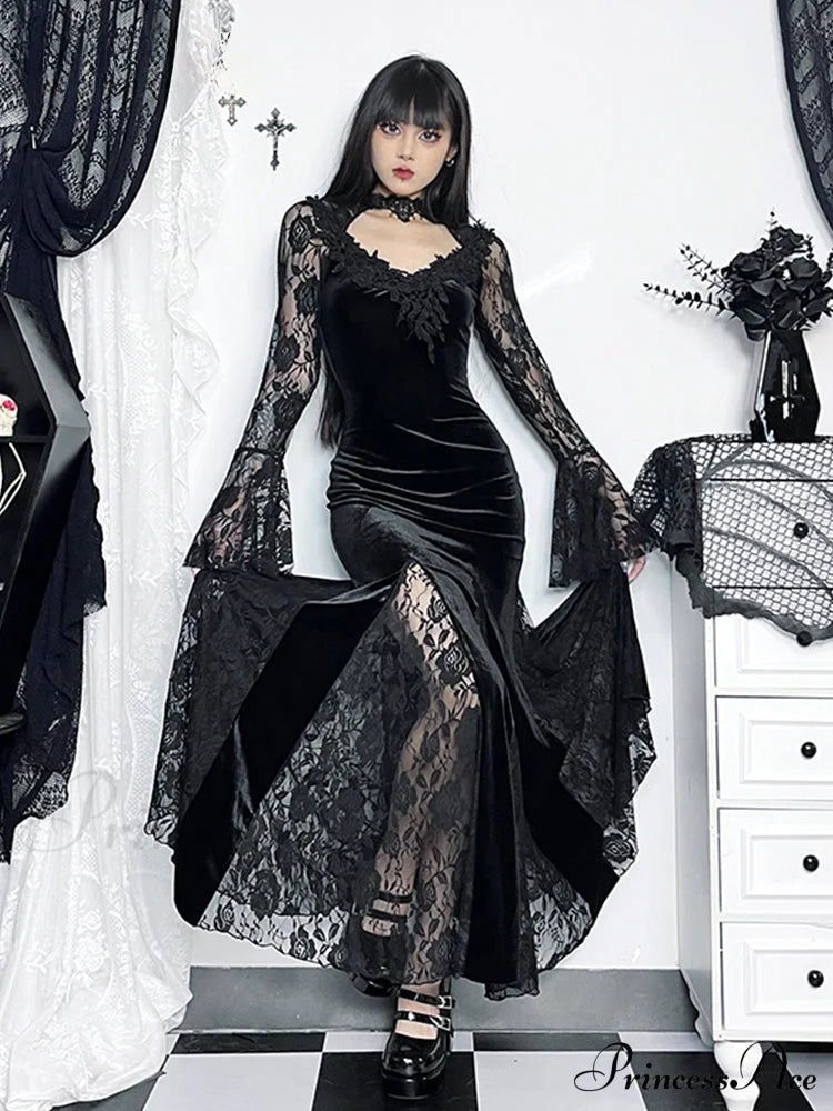 Gothic Long Sleeve Lace Ruched Fishtail Bodycon Mermaid Cocktail Maxi Dress Halloween