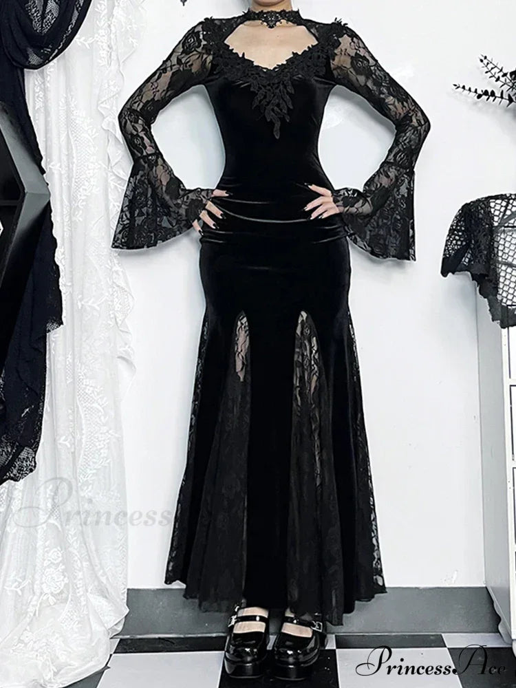 Gothic Long Sleeve Lace Ruched Fishtail Bodycon Mermaid Cocktail Maxi Dress Halloween