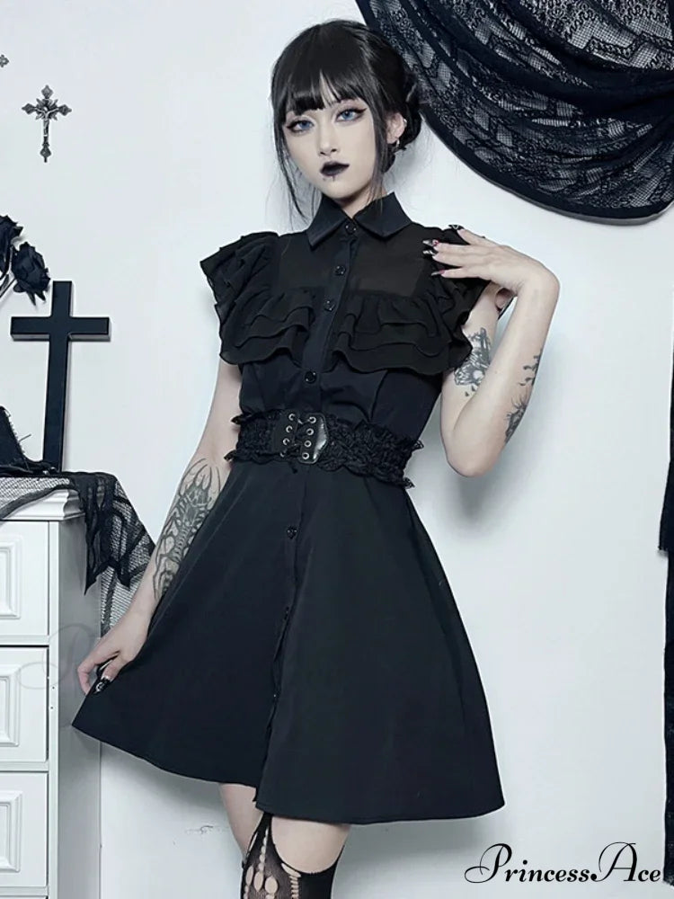 Gothic Mall Harajuku E-Girl Dress Mesh Patchwork Black Slim A-Line Sexy Party Grunge Aesthetic