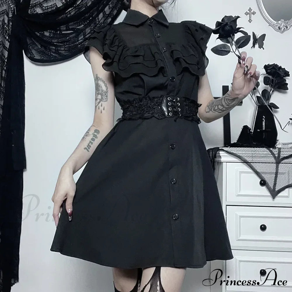 Gothic Mall Harajuku E-Girl Dress Mesh Patchwork Black Slim A-Line Sexy Party Grunge Aesthetic