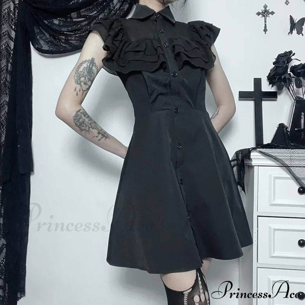 Gothic Mall Harajuku E Girl Mesh Patchwork Black Slim A Line Sexy Party Grunge Streetwear Dress