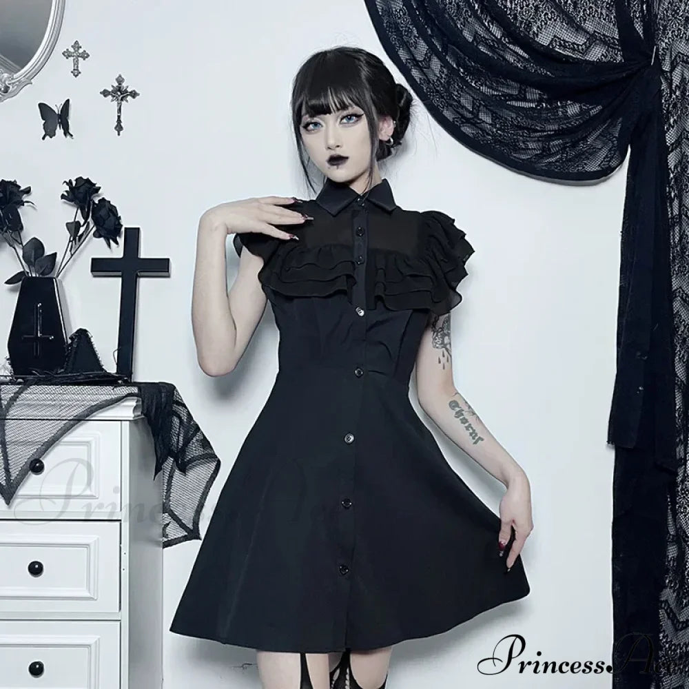 Gothic Mall Harajuku E Girl Mesh Patchwork Black Slim A Line Sexy Party Grunge Streetwear Dress