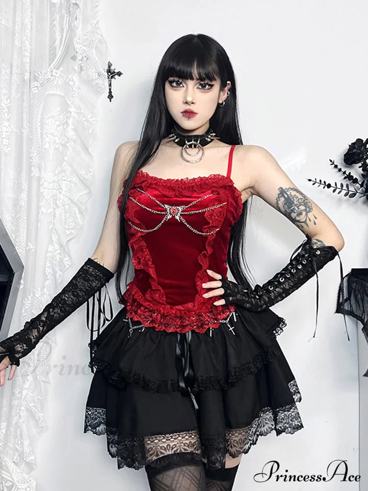 Gothic Metal Chain Velvet Sexy Lace Trim Spaghetti Strap Grunge Basic Crop Top Halloween