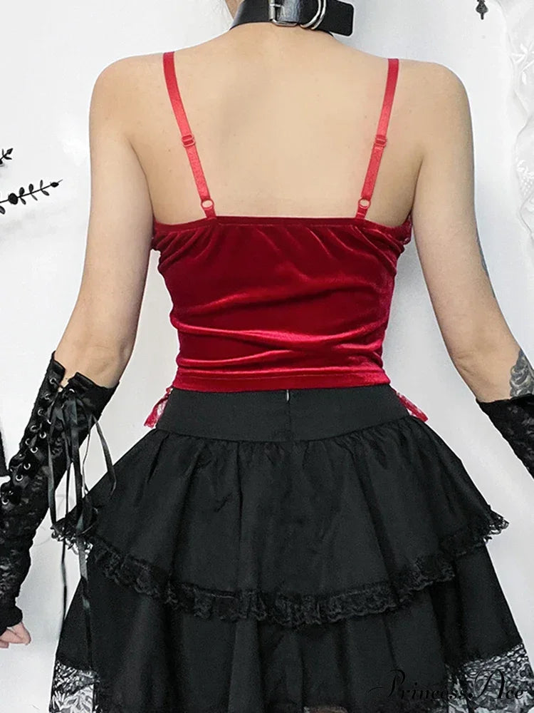 Gothic Metal Chain Velvet Sexy Lace Trim Spaghetti Strap Grunge Basic Crop Top Halloween