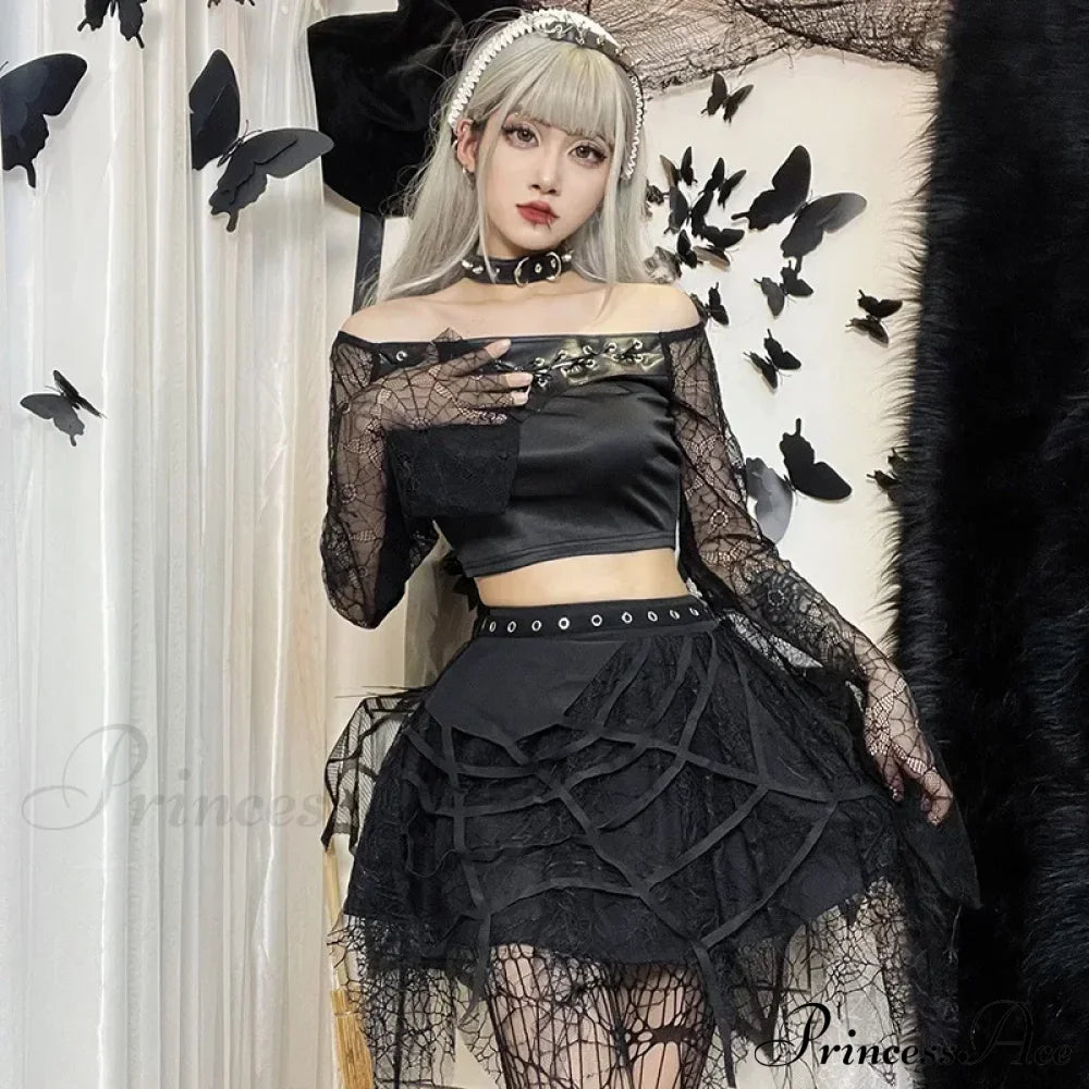 Gothic Mini Y2K Harajuku Spider Web Patchwork Lace Tassel Dark Academy Street Woman With Belt Fairy