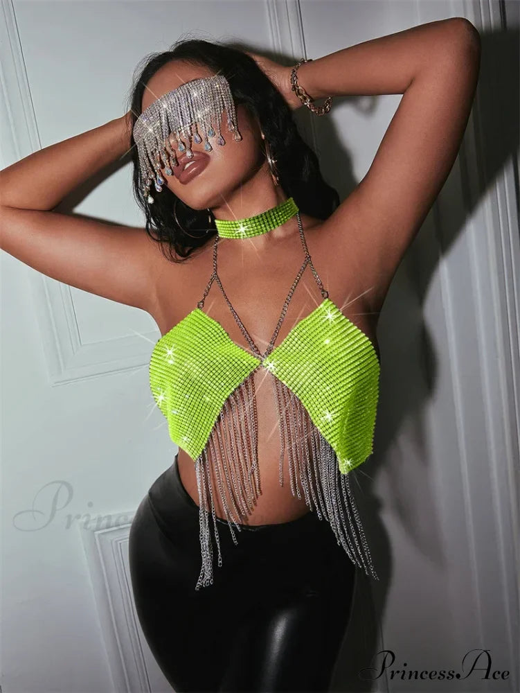 Gothic Party Club Corset Rhinestones Crop Top Fluorescent Green / S Halloween