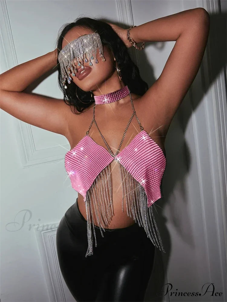 Gothic Party Club Corset Rhinestones Crop Top Pink / S Halloween