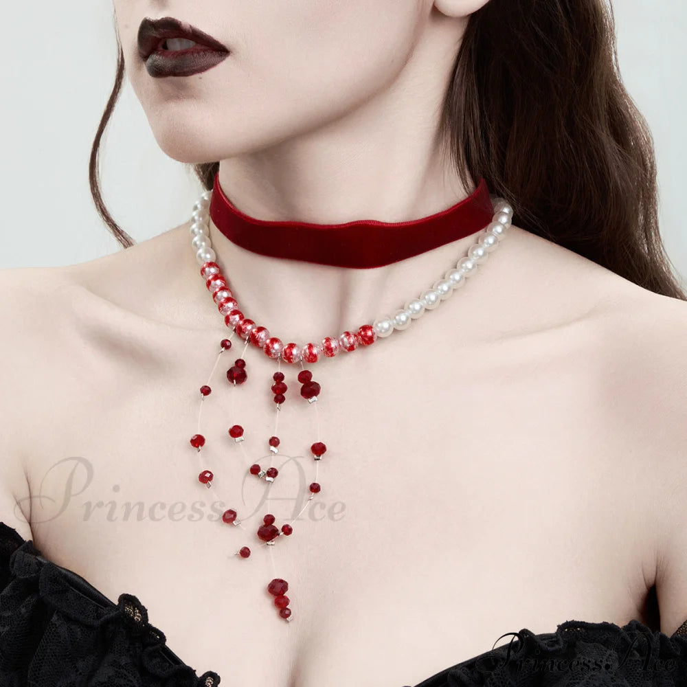 Gothic Pearl Tassel Velvet Halloween Blood Drip Crystal Choker Necklace