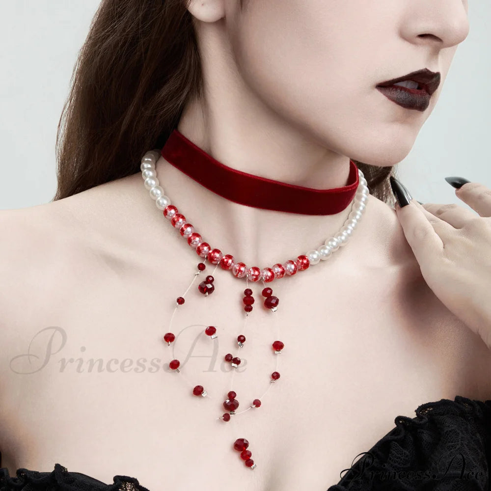 Gothic Pearl Tassel Velvet Halloween Blood Drip Crystal Choker Necklace