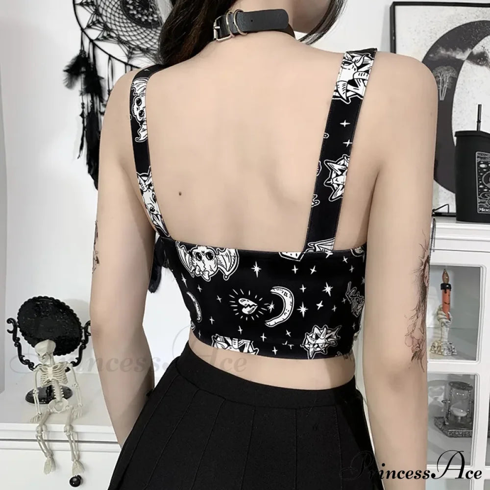 Gothic Print Sexy Backless Y2K Punk Zip Up Corset Crop Top Halloween