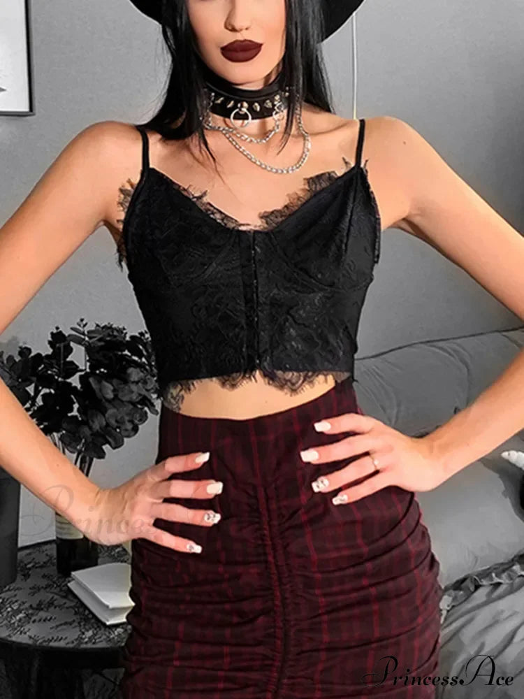 Gothic Punk Sexy Fairy Grunge V-Neck Dark Lace Crop Top Black / S Halloween