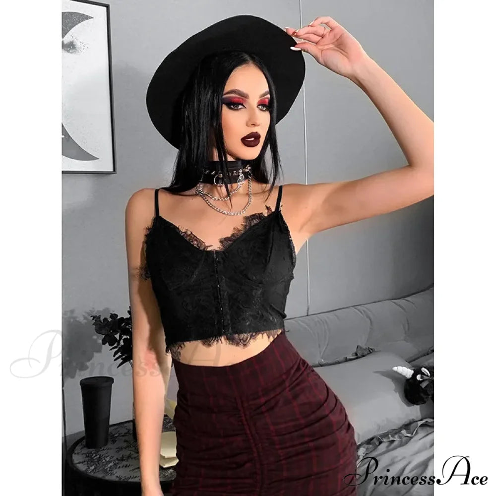 Gothic Punk Sexy Fairy Grunge V-Neck Dark Lace Crop Top Halloween