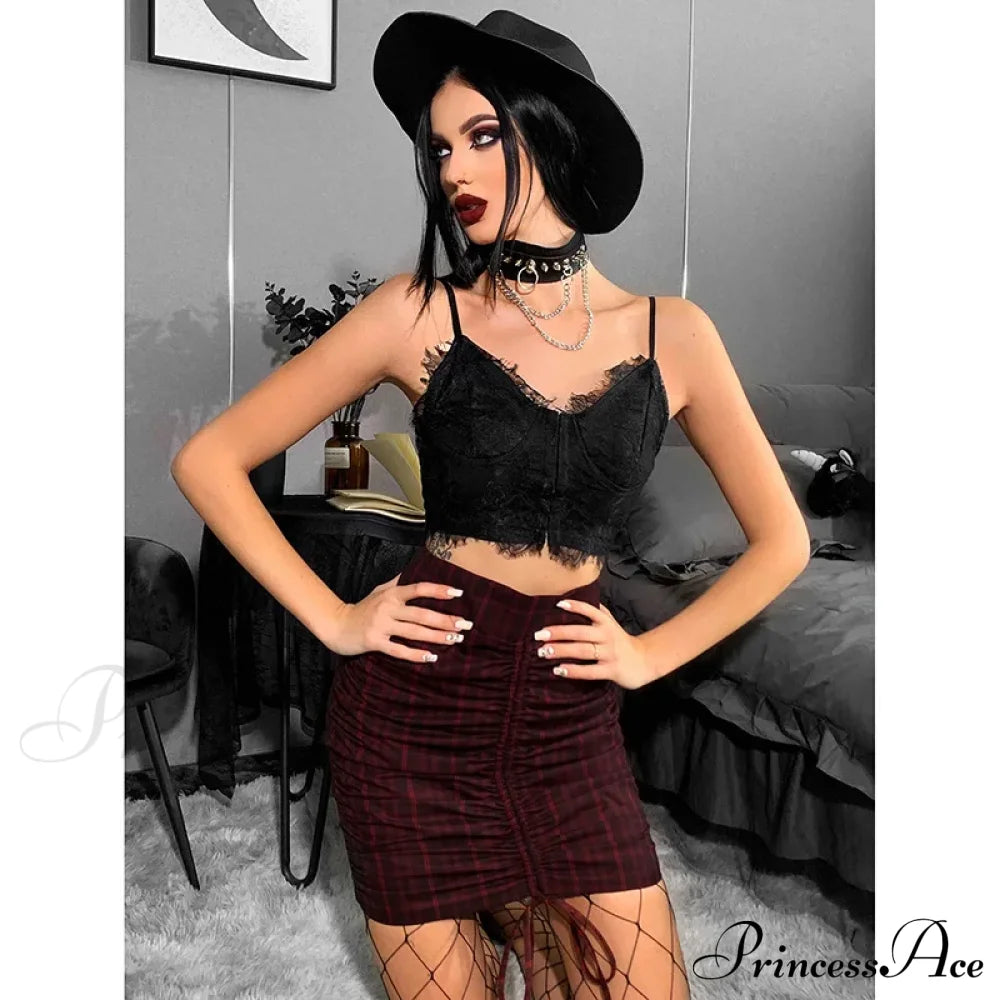 Gothic Punk Sexy Fairy Grunge V-Neck Dark Lace Crop Top Halloween