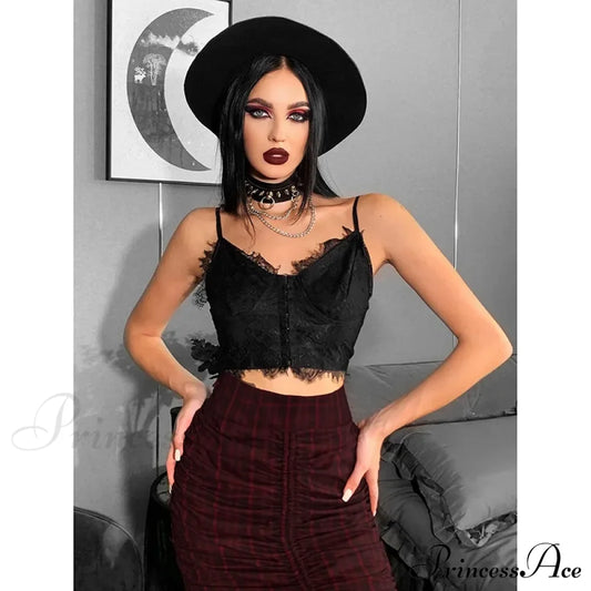 Gothic Punk Sexy Fairy Grunge V-Neck Dark Lace Crop Top Halloween