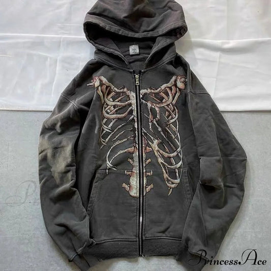 Gothic Punk Skeleton Print Hoody Jacket