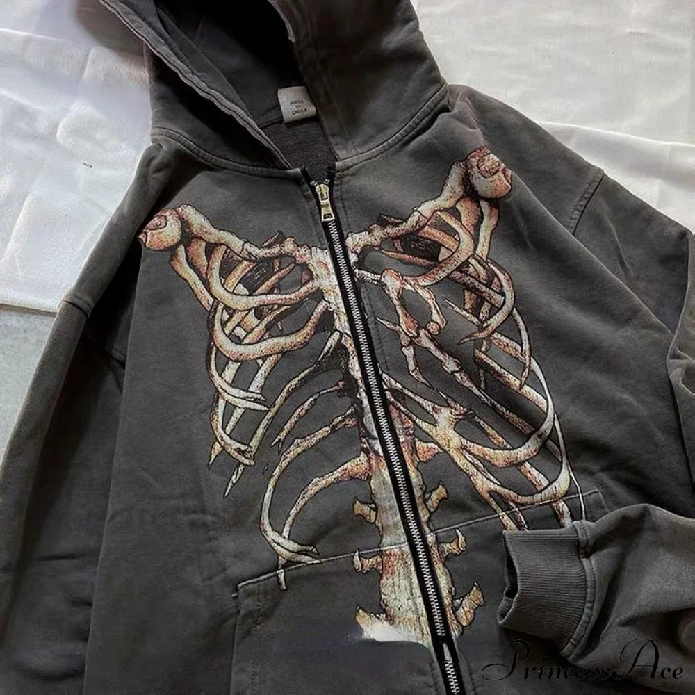 Gothic Punk Skeleton Print Hoody Jacket