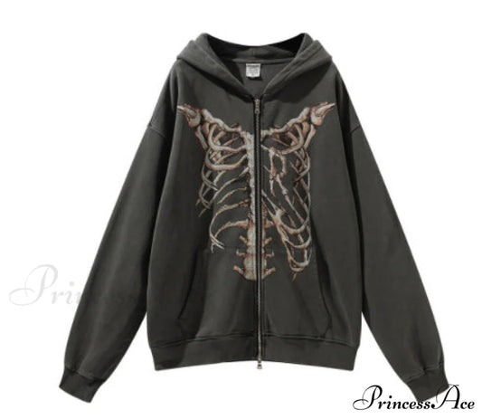 Gothic Punk Skeleton Print Hoody Jacket