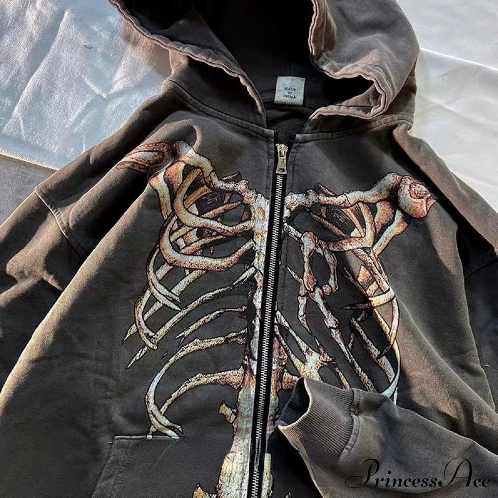 Gothic Punk Skeleton Print Hoody Jacket