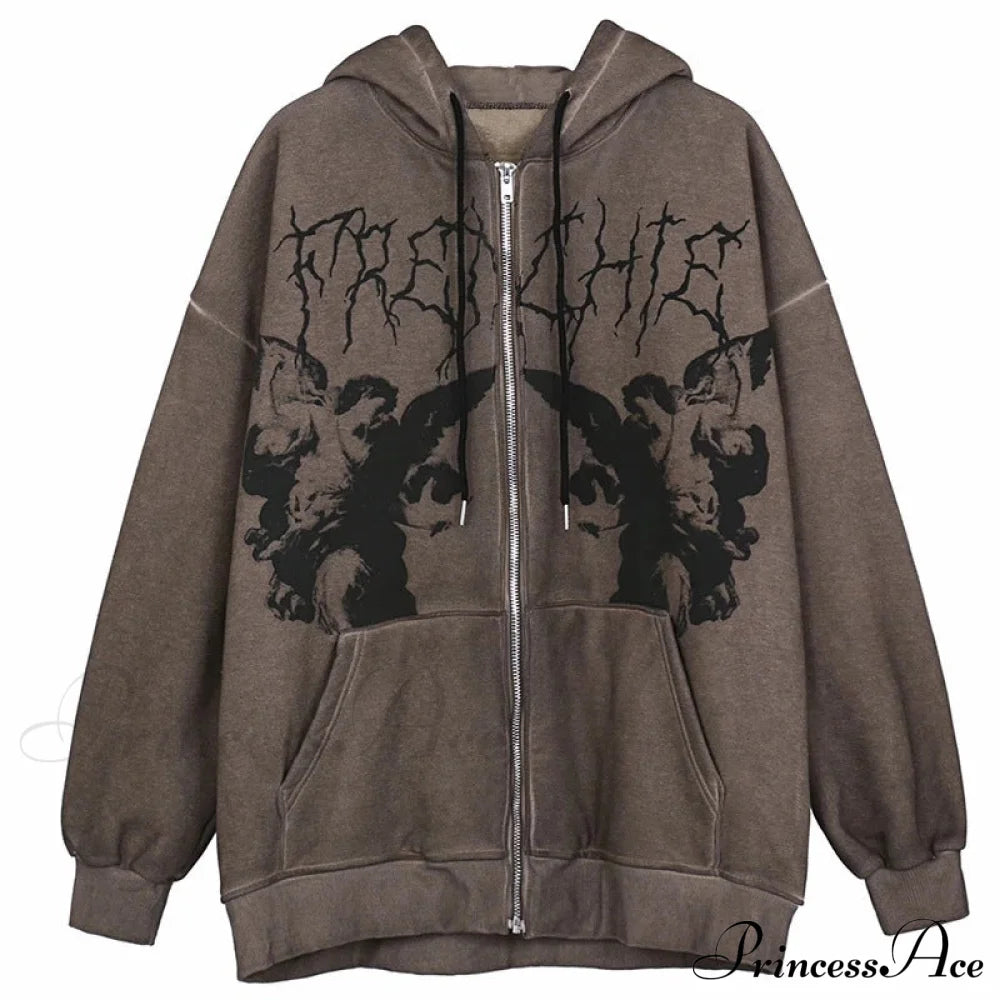 Gothic Punk Skeleton Print Hoody Jacket Brown / M