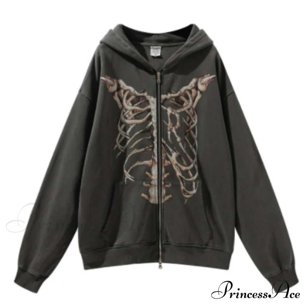 Gothic Punk Skeleton Print Hoody Jacket Dark Grey / M