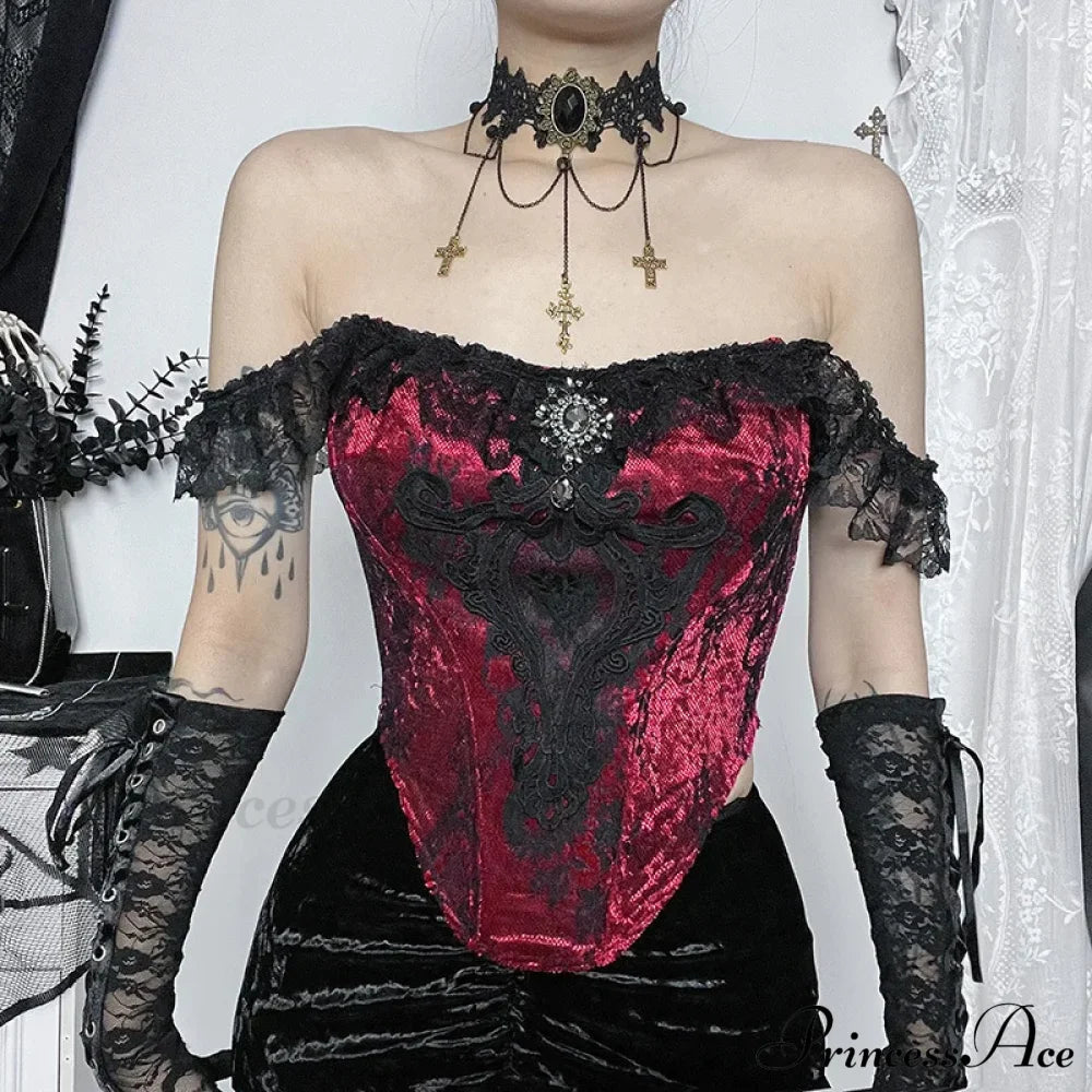 Gothic Punk Victorian Patchwork Ruched Lace Tube Bustier Crop Top Claret Tops / S Halloween