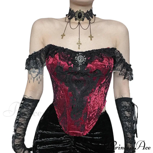 Gothic Punk Victorian Patchwork Ruched Lace Tube Bustier Crop Top Halloween