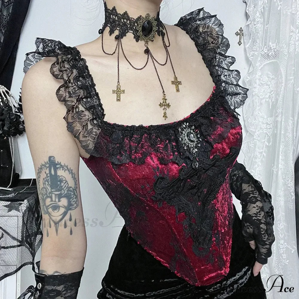 Gothic Punk Victorian Patchwork Ruched Lace Tube Bustier Crop Top Halloween