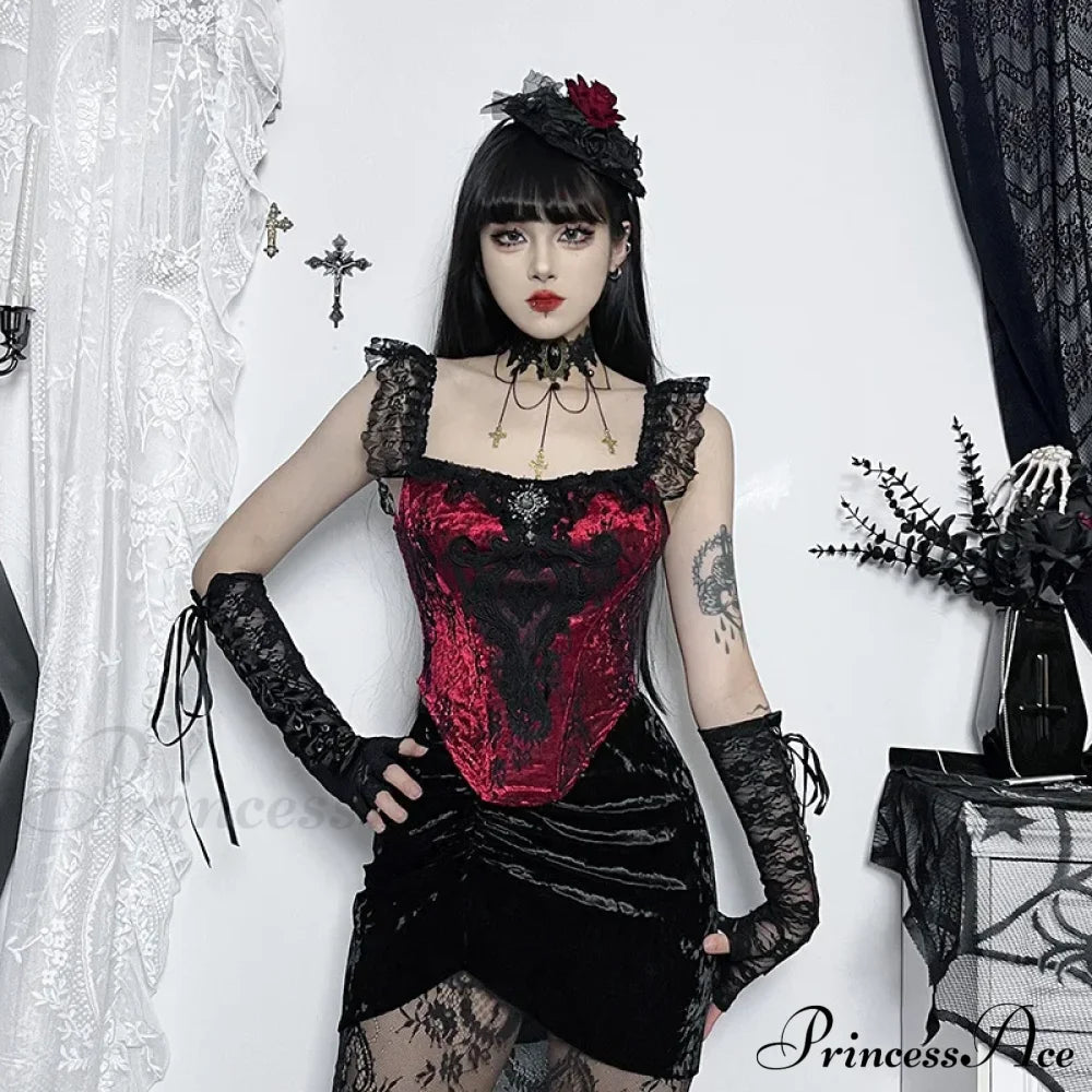 Gothic Punk Victorian Patchwork Ruched Lace Tube Bustier Crop Top Halloween