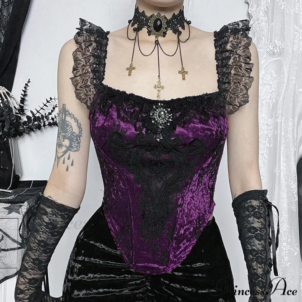 Gothic Punk Victorian Patchwork Ruched Lace Tube Bustier Crop Top Purple Tops / S Halloween