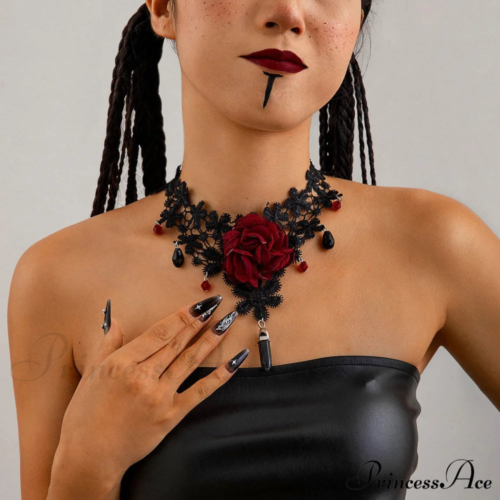 Gothic Red Lace Big Flower Sweet Sexy Geometric Pendant Halloween Necklace