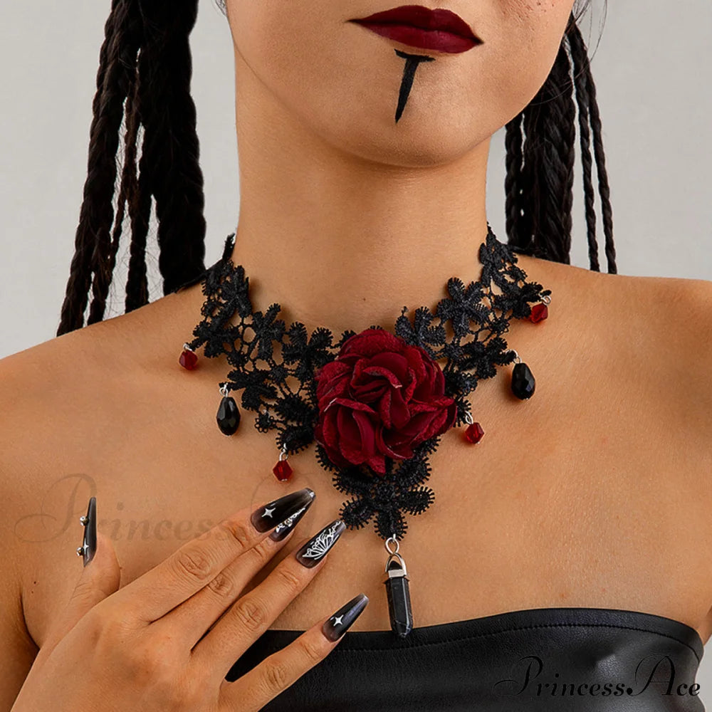 Gothic Red Lace Big Flower Sweet Sexy Geometric Pendant Halloween Necklace Black