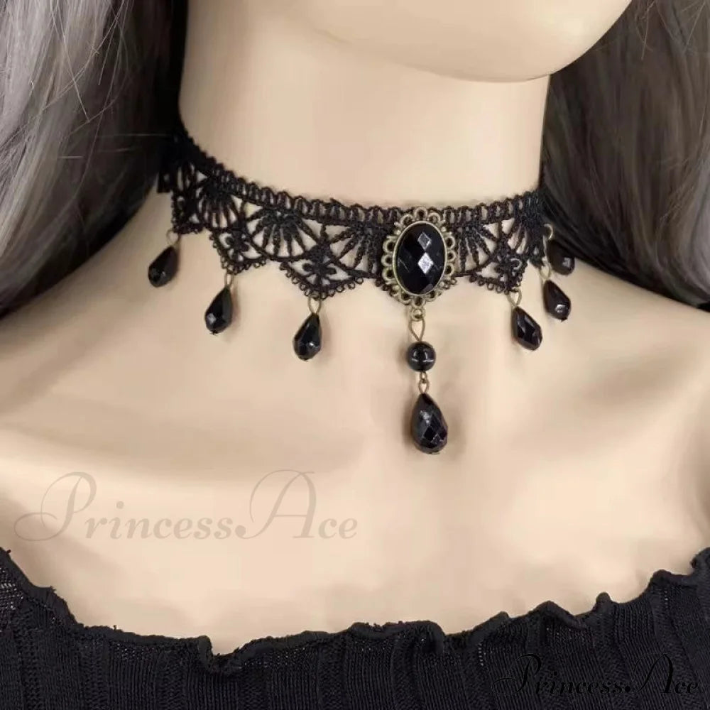 Gothic Retro Black Lace Tassel Collar Choker Necklace Halloween