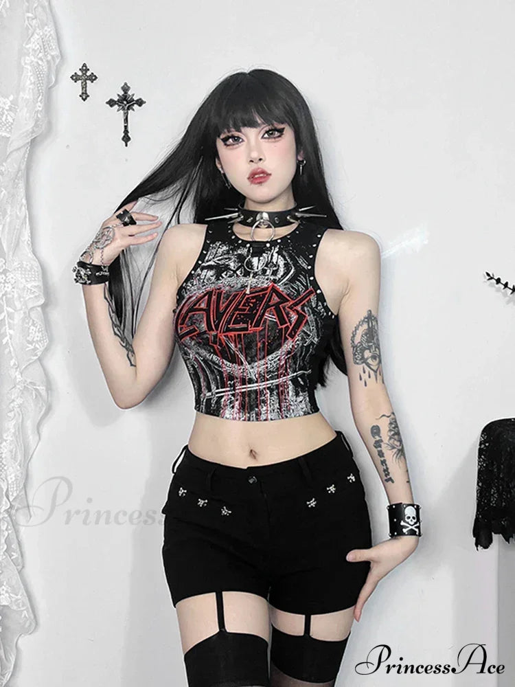 Gothic Retro Rivet Print Graphic Crop Top Halloween