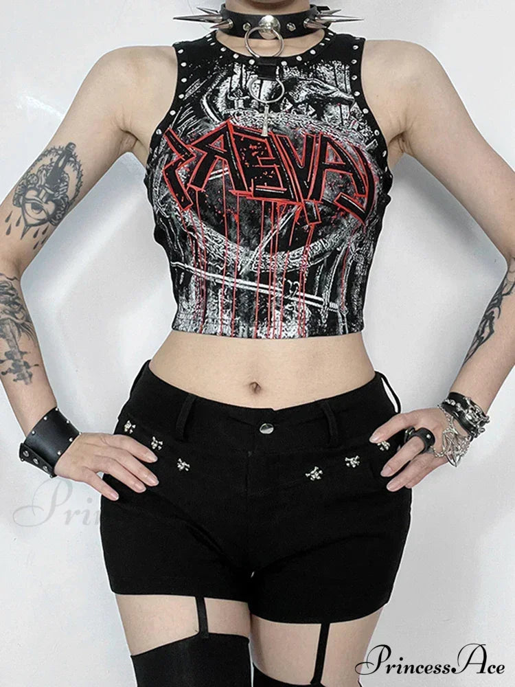 Gothic Retro Rivet Print Graphic Crop Top Halloween