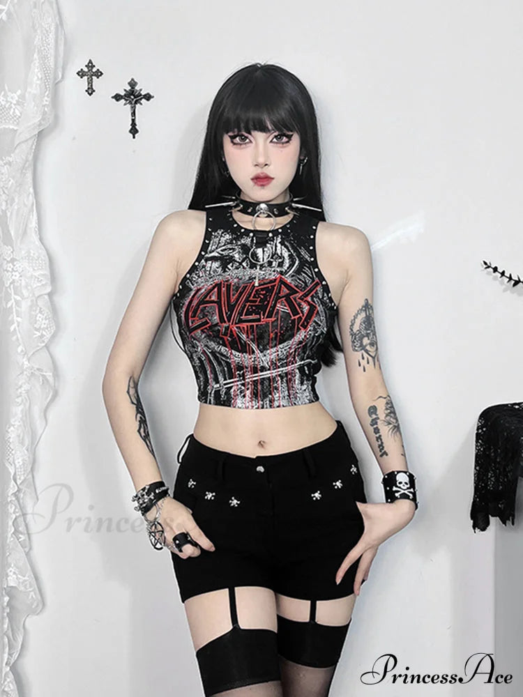 Gothic Retro Rivet Print Graphic Crop Top Halloween